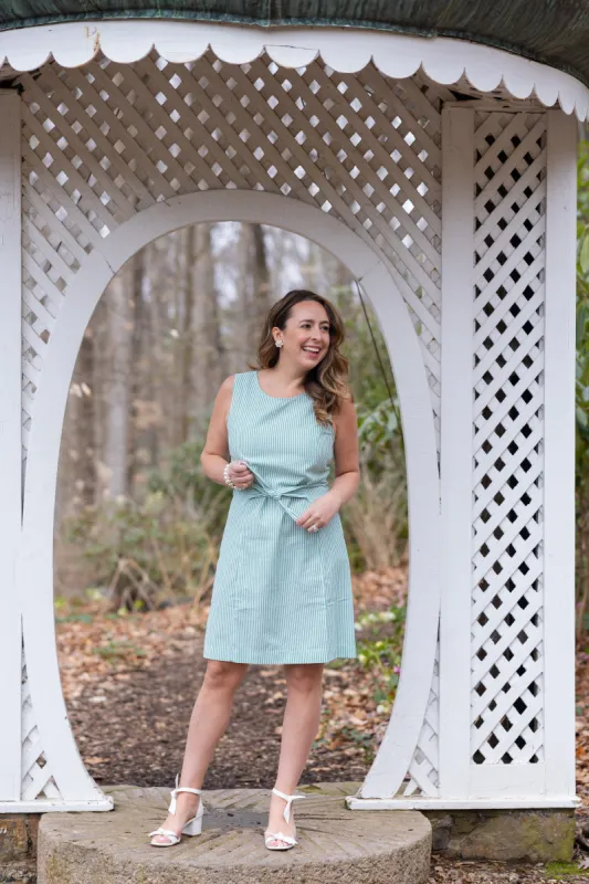 The Kalyn Dress in Green Seersucker sold by Duffield Lane