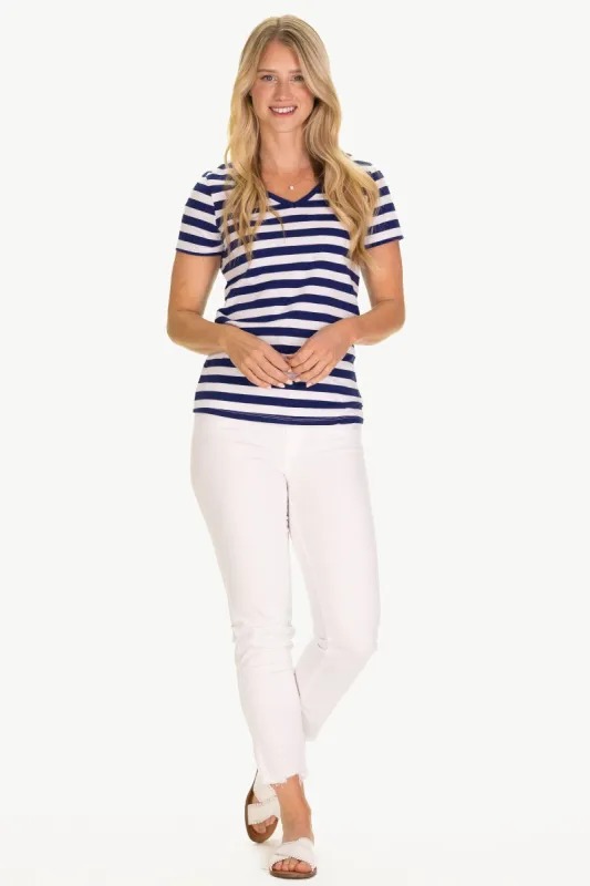 Terrific Tee in Royal Navy & White Stripe sold by Duffield Lane