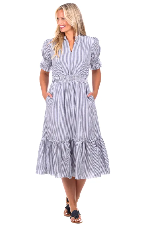 Cameron Midi in Navy Seersucker sold by Duffield Lane
