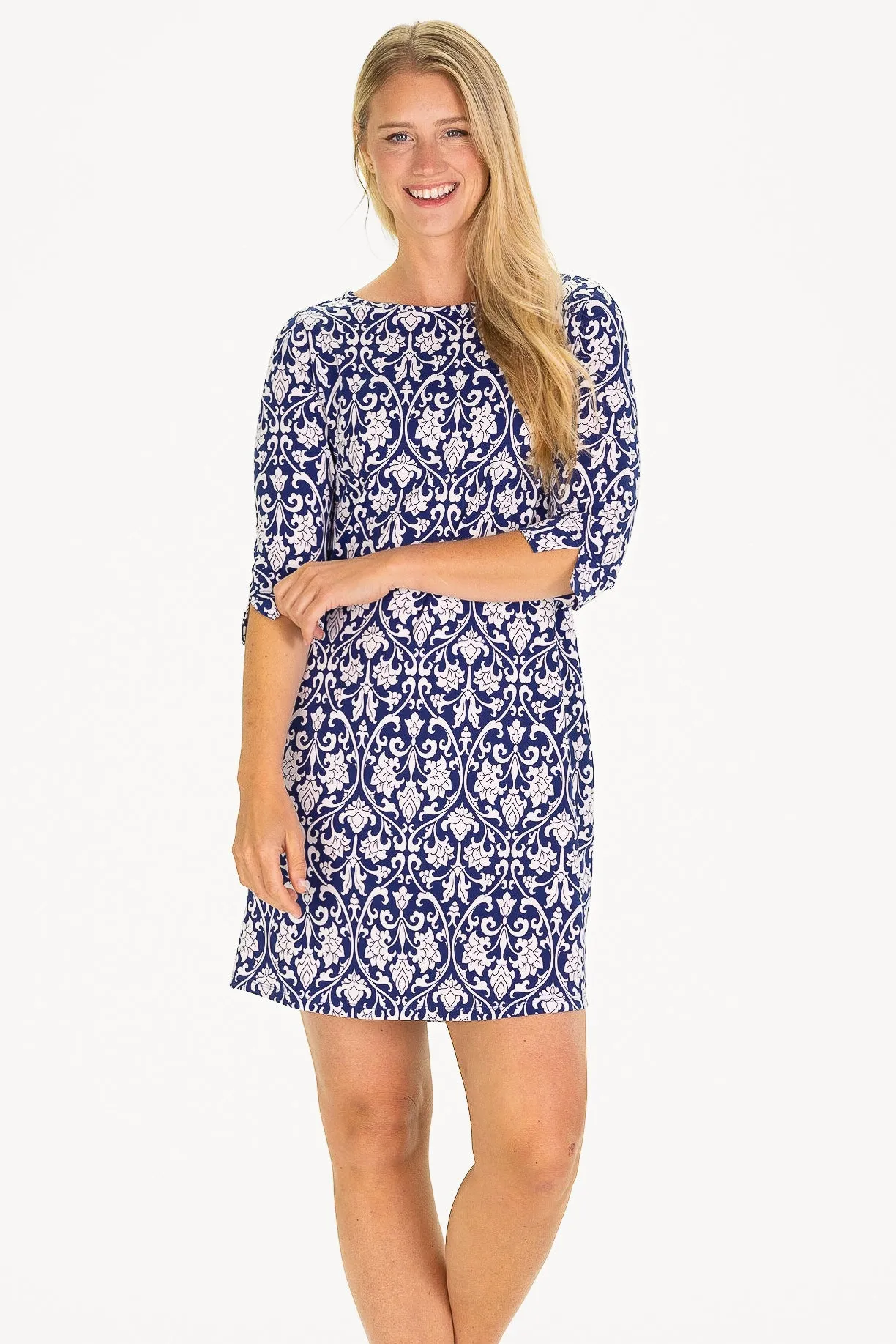 The Alicia Dress in Navy Filigree sold by Duffield Lane