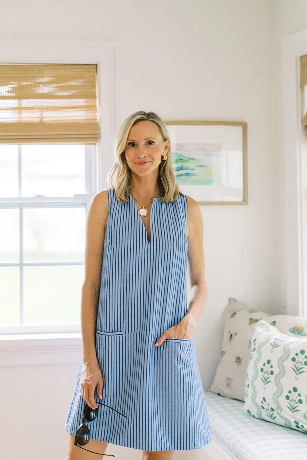 Gwynn Shift Dress in Double Blue Seersucker sold by Duffield Lane product image thumbnail 4