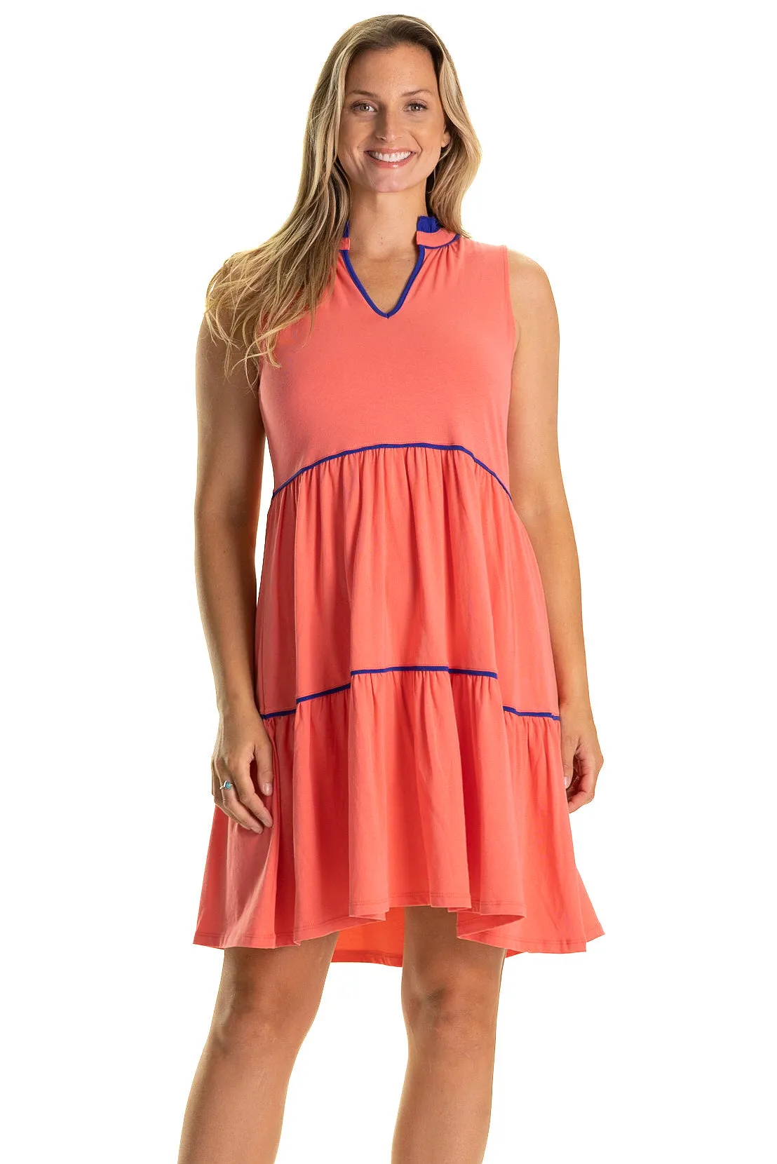 The Harriet Dress in Coral sold by Duffield Lane