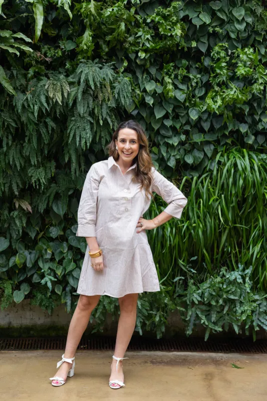 The Raleigh Collared Dress in Beige Stripe sold by Duffield Lane