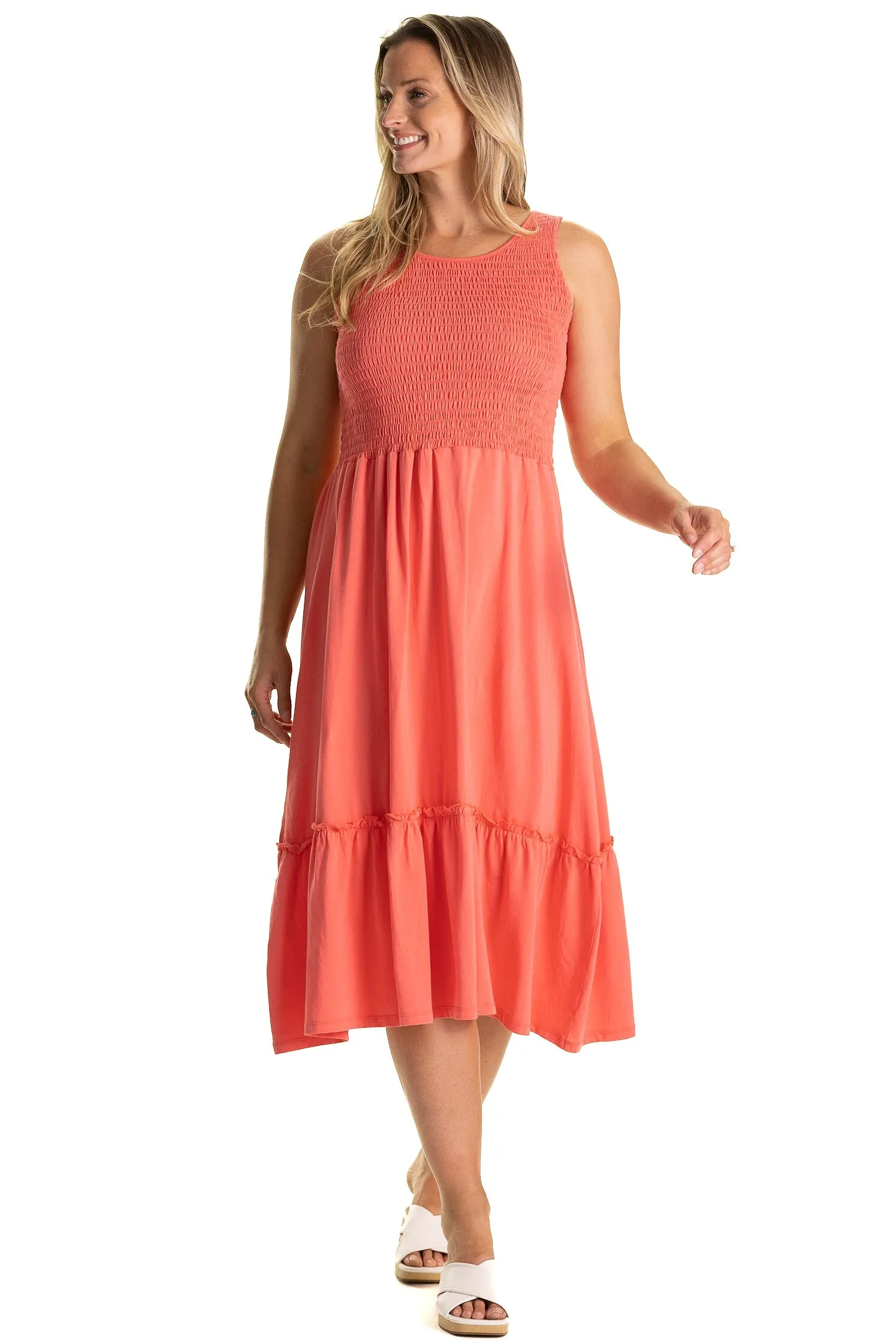 The Jane Dress in Coral sold by Duffield Lane