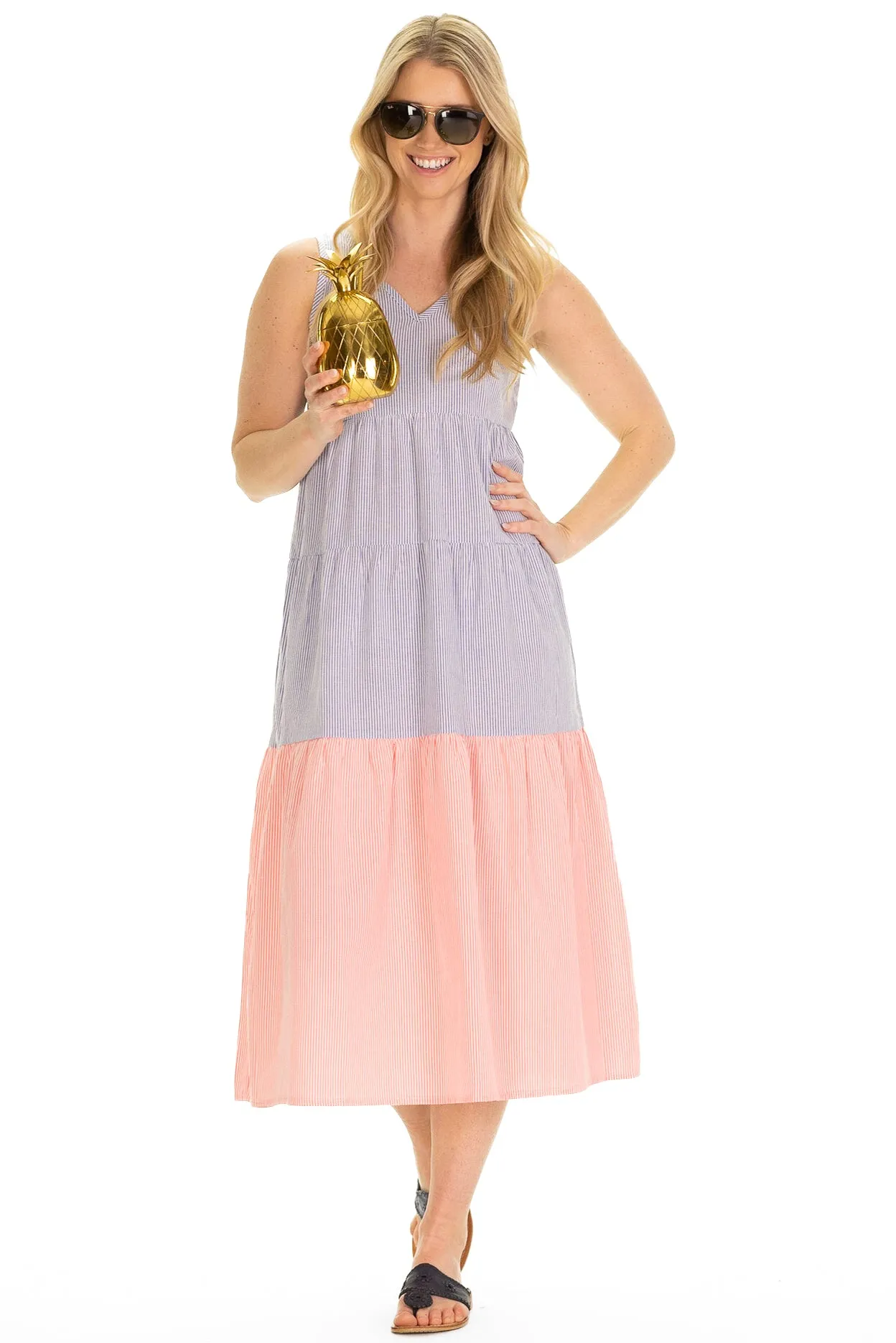 The Kalina Dress in Neon Coral & Blue Seersucker sold by Duffield Lane product image thumbnail 4