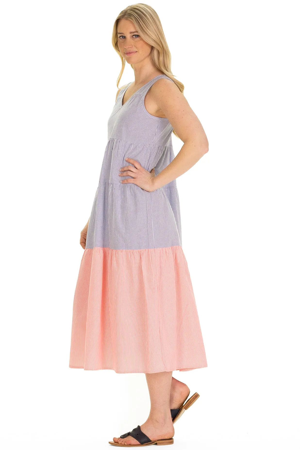 The Kalina Dress in Neon Coral & Blue Seersucker sold by Duffield Lane product image thumbnail 2