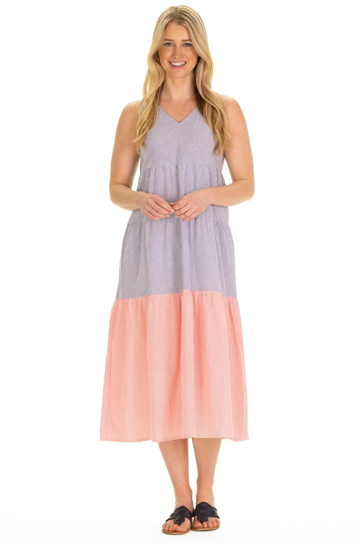 The Kalina Dress in Neon Coral & Blue Seersucker sold by Duffield Lane