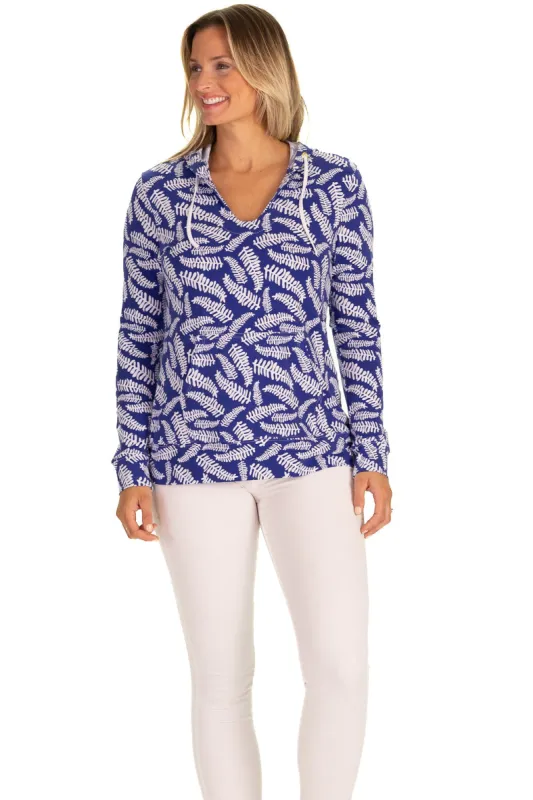 The Hallie Hoodie in Leland Gal Blue Fern sold by Duffield Lane