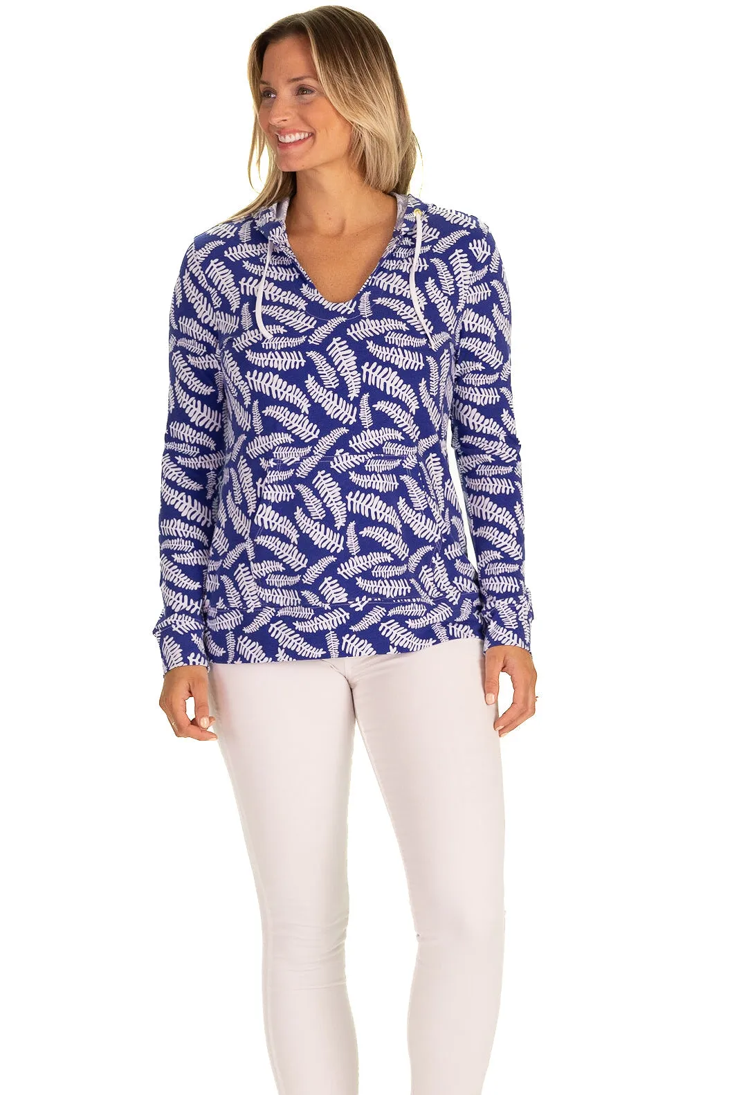 The Hallie Hoodie in Leland Gal Blue Fern sold by Duffield Lane