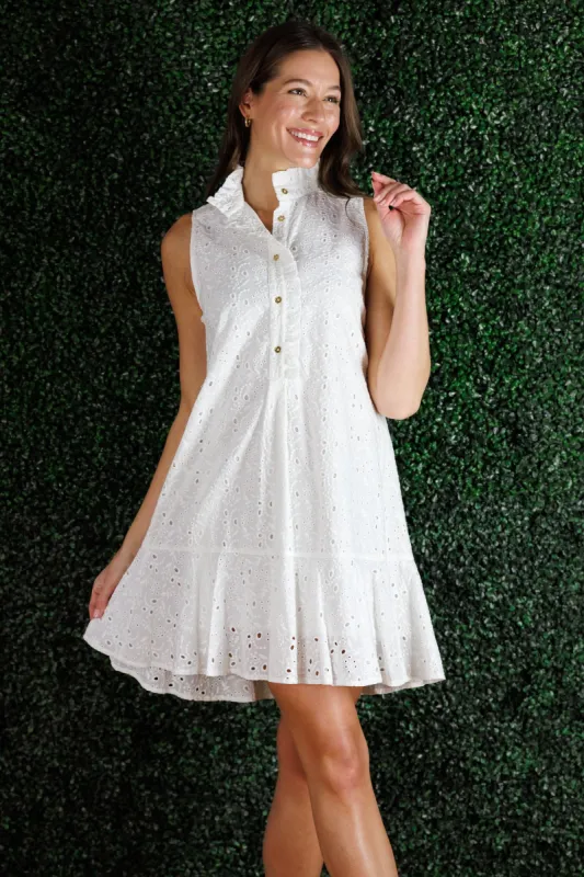 The Ethel Dress in White Eyelet sold by Duffield Lane