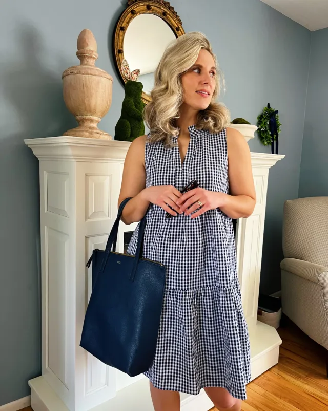 The Annika Dress in Navy Gingham sold by Duffield Lane