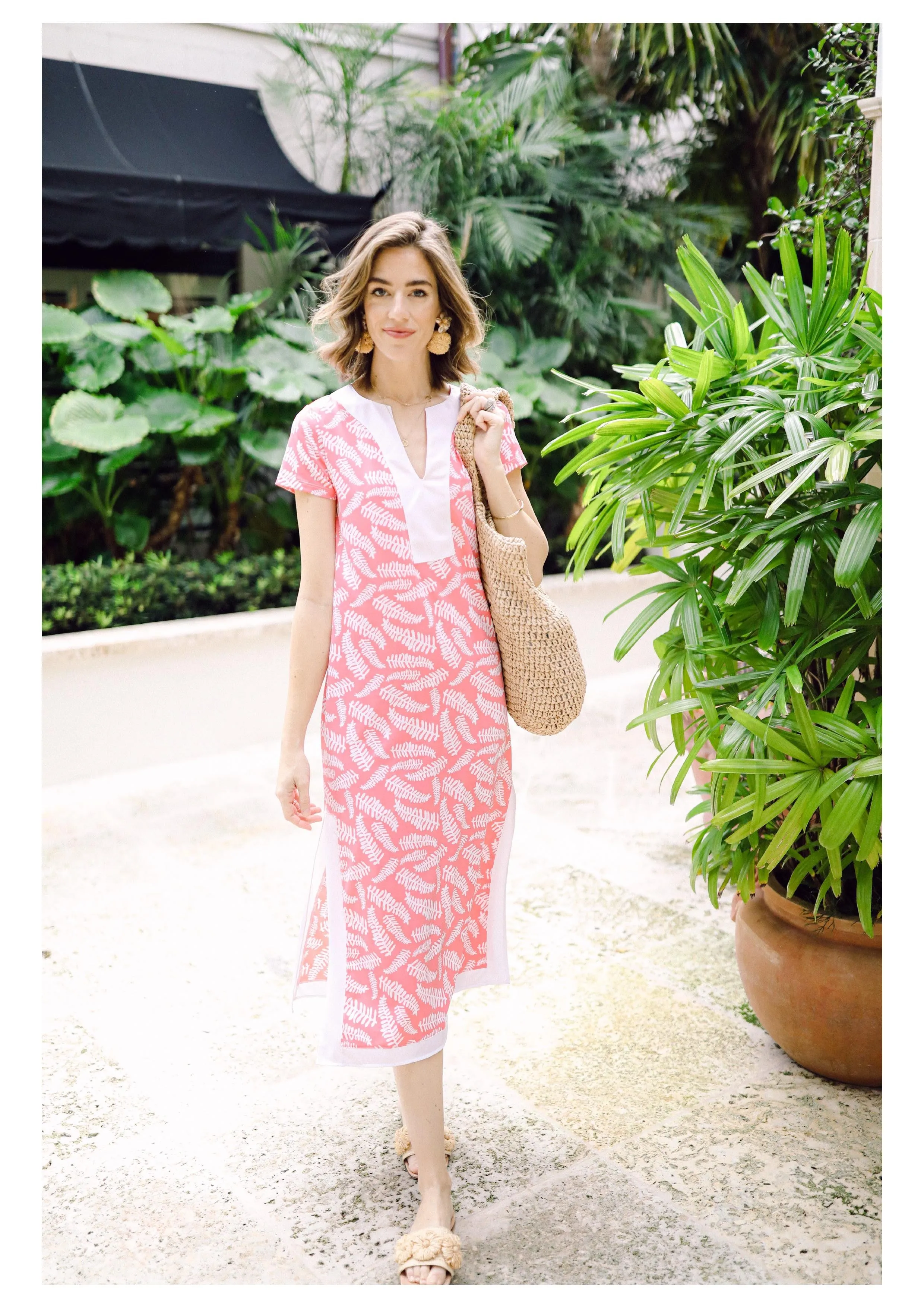 The Performance Kai Caftan in Coral Fern sold by Duffield Lane