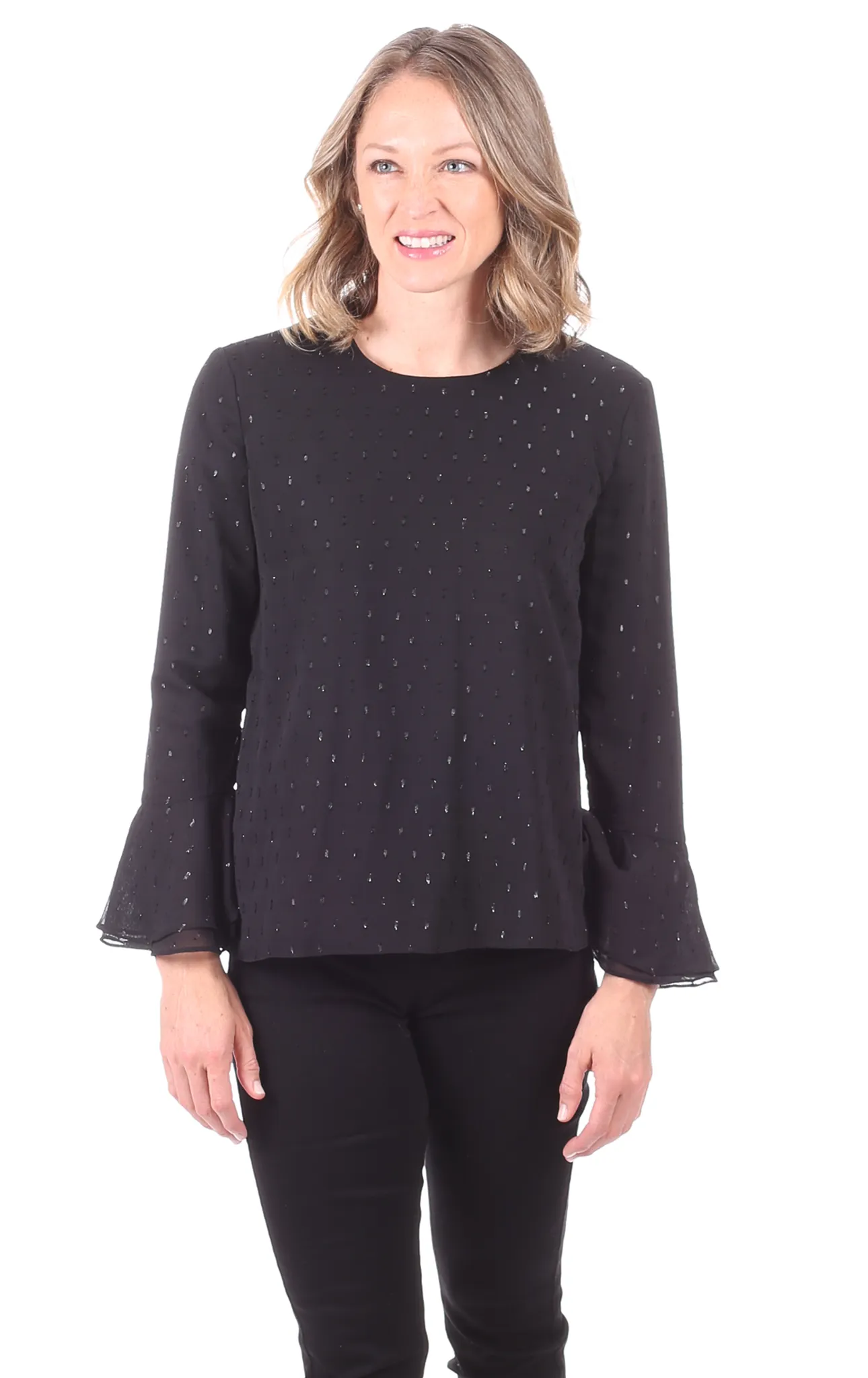 Siena Top in Black Shimmer Dot sold by Duffield Lane