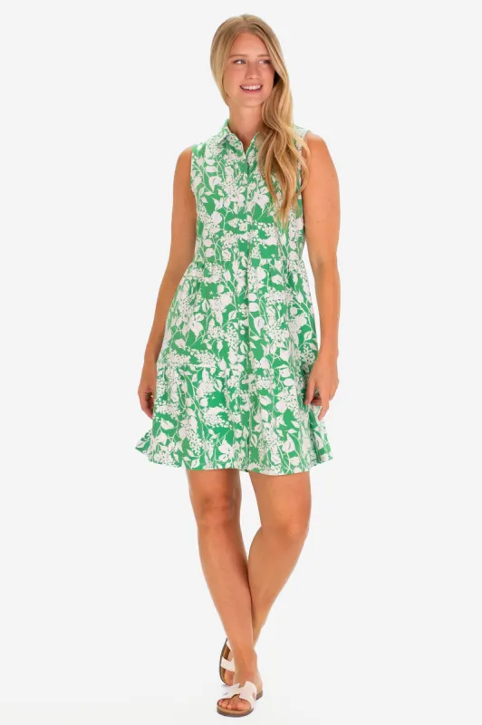 The Sleeveless Olivia Dress in Green Garden sold by Duffield Lane