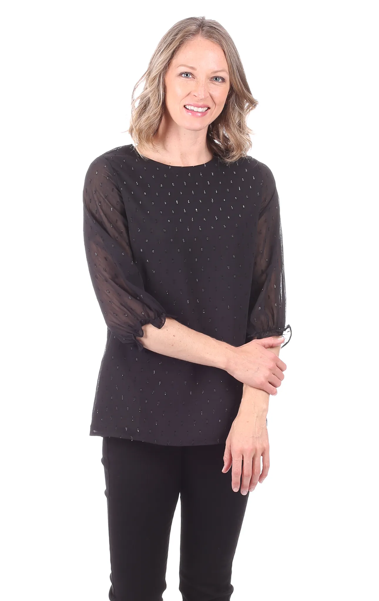 Adeline Top in Black Shimmer Dot sold by Duffield Lane