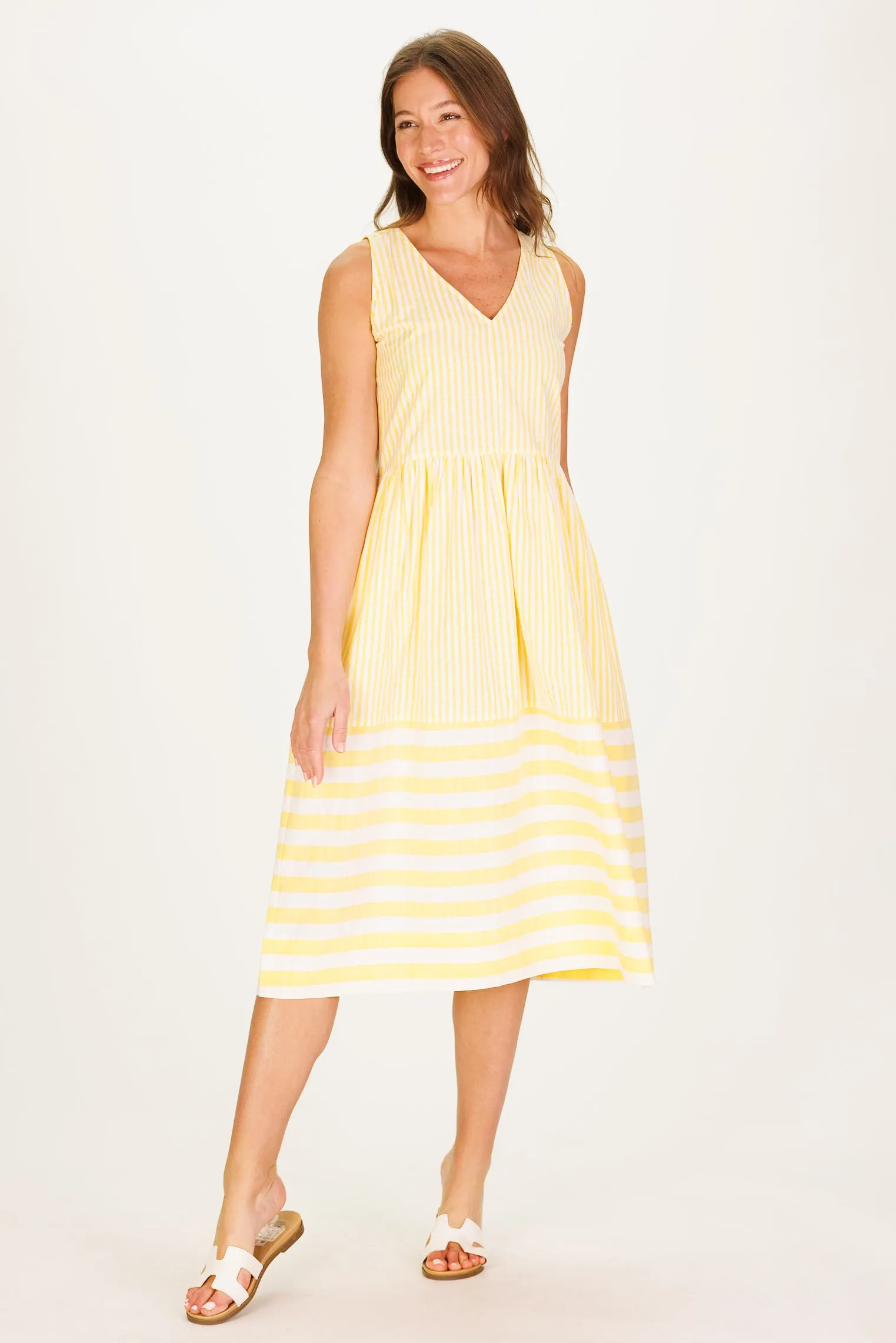 The Twila Dress in Lemon Linen Stripe sold by Duffield Lane