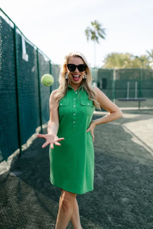 The Pique Opal Dress in Grass Green sold by Duffield Lane