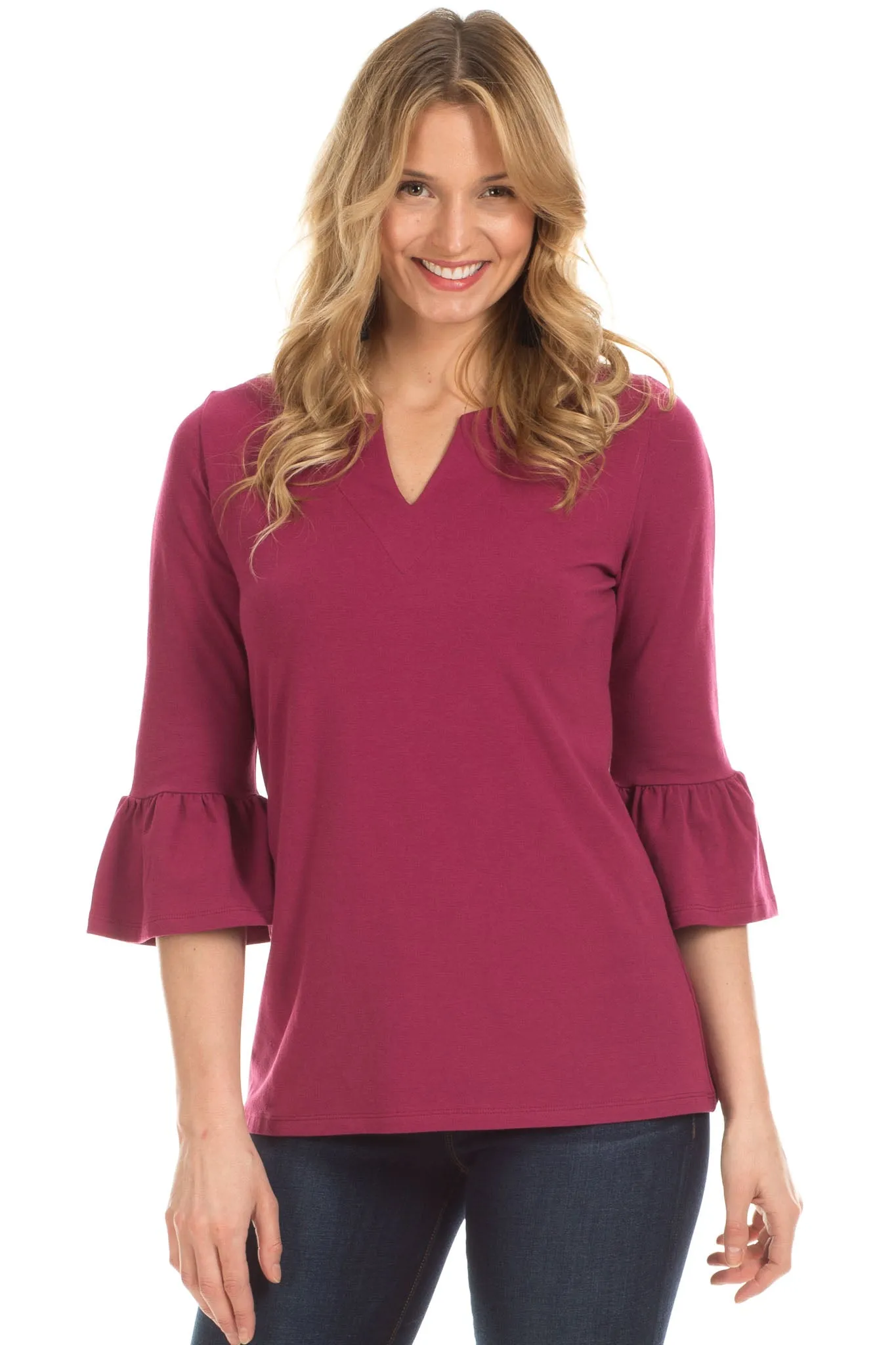 Rose Ruffle Sleeve Top in Merlot sold by Duffield Lane