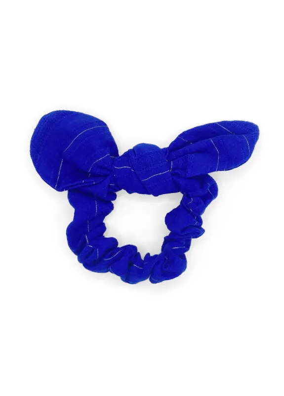 The Tay Bow Scrunchy - Bright Blue Metallic Stripe sold by Duffield Lane