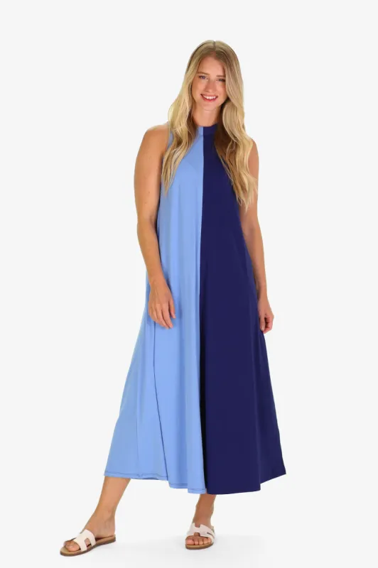 The Lennox Dress in Blue Sky and Royal Navy sold by Duffield Lane
