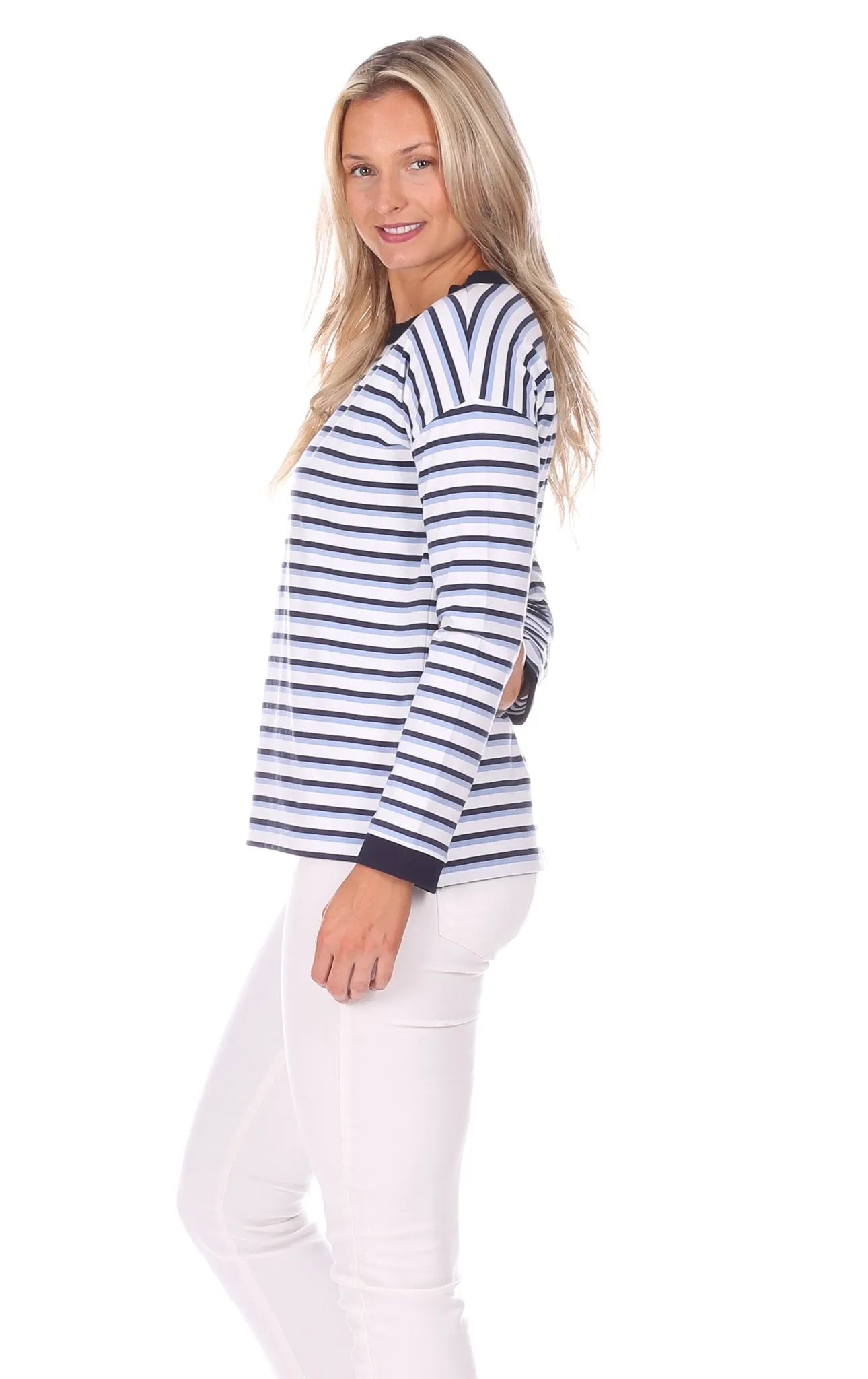 Sunset Pullover in Navy, White & Hydrangea Stripe sold by Duffield Lane product image thumbnail 3