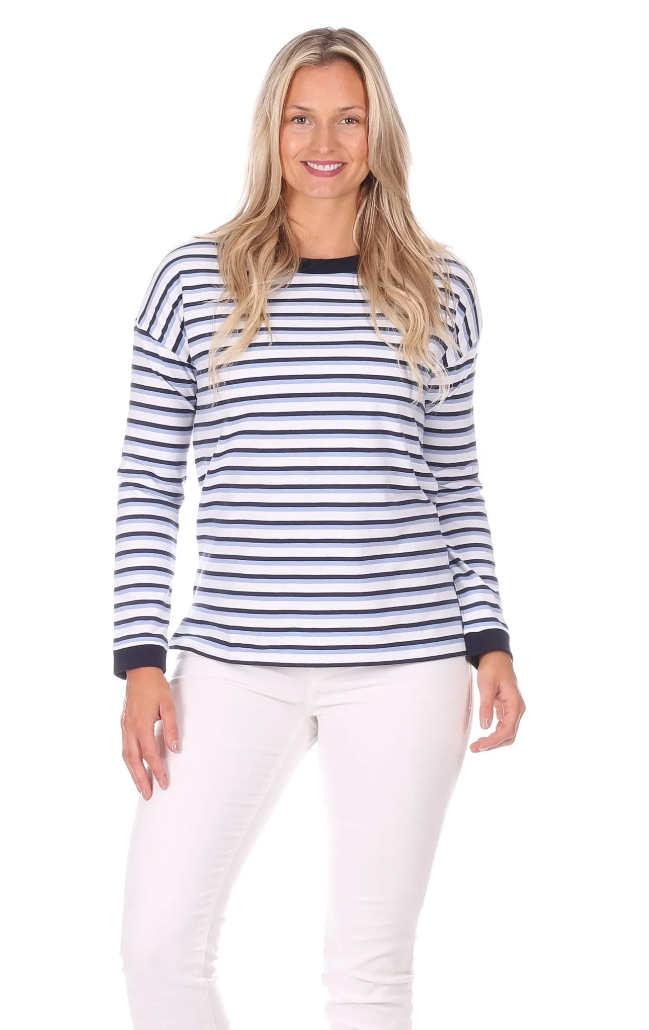 Sunset Pullover in Navy, White & Hydrangea Stripe sold by Duffield Lane