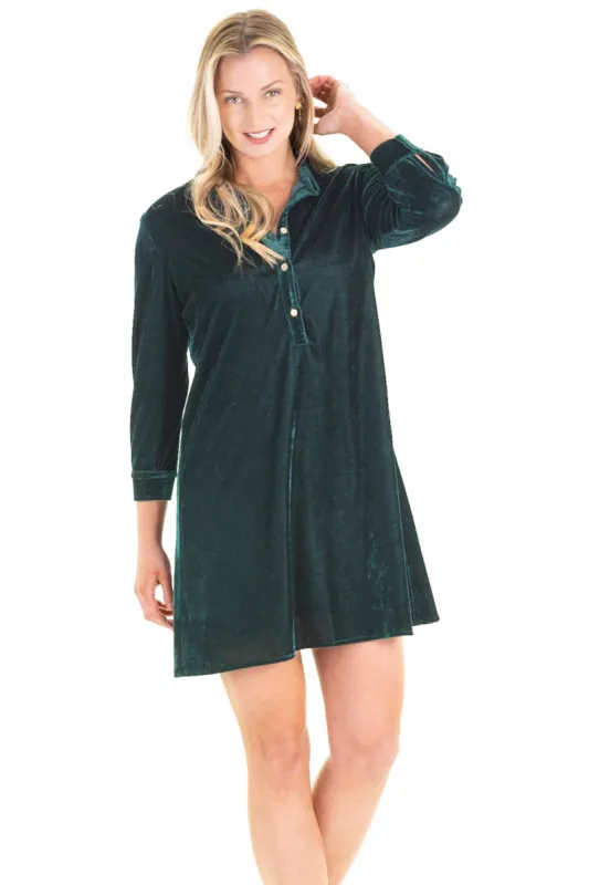 Alexis Dress in Evergreen Velvet sold by Duffield Lane