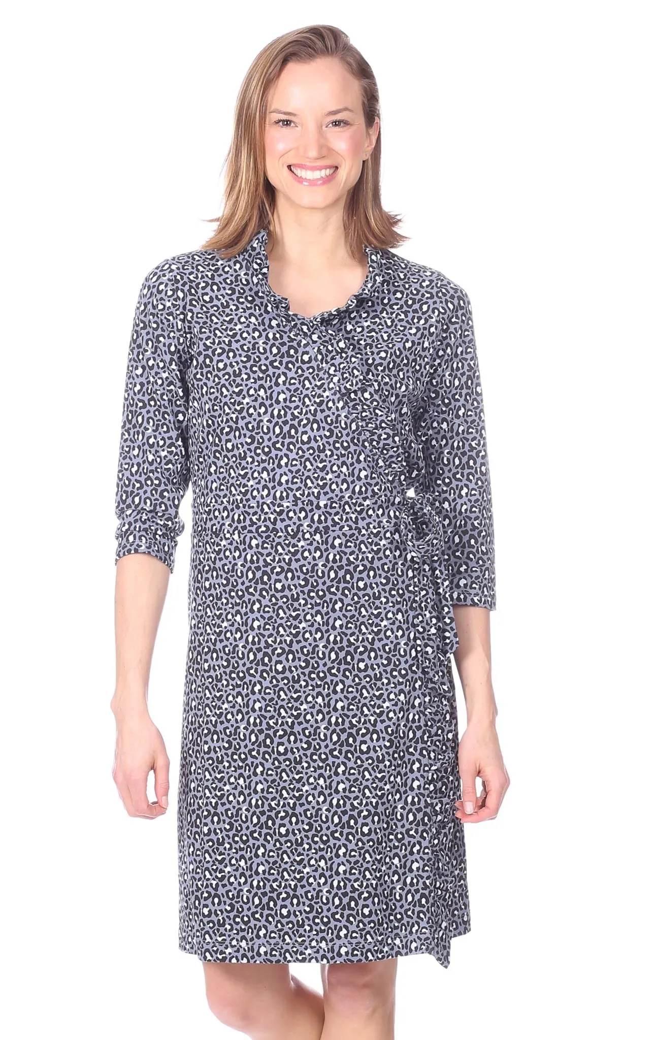 Corrine Dress in Grey Leopard sold by Duffield Lane