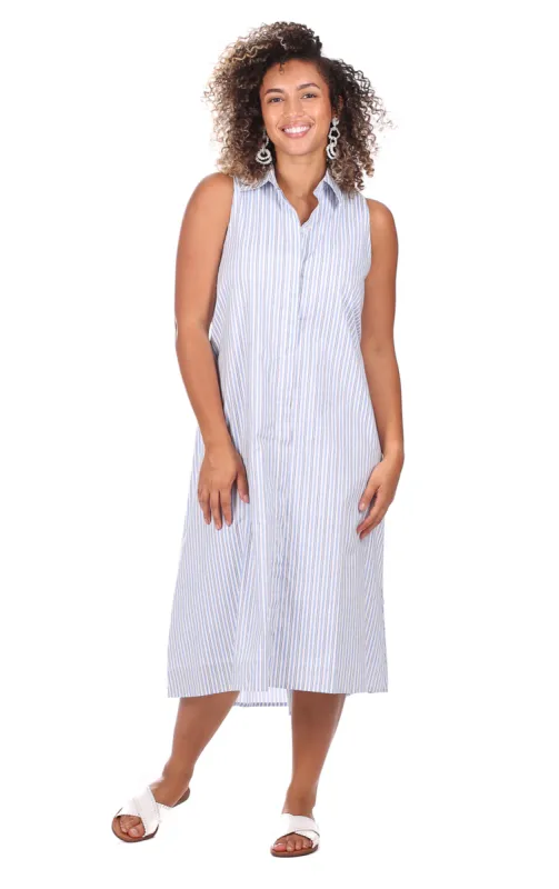 Regan Dress in Sky Blue Stripe sold by Duffield Lane