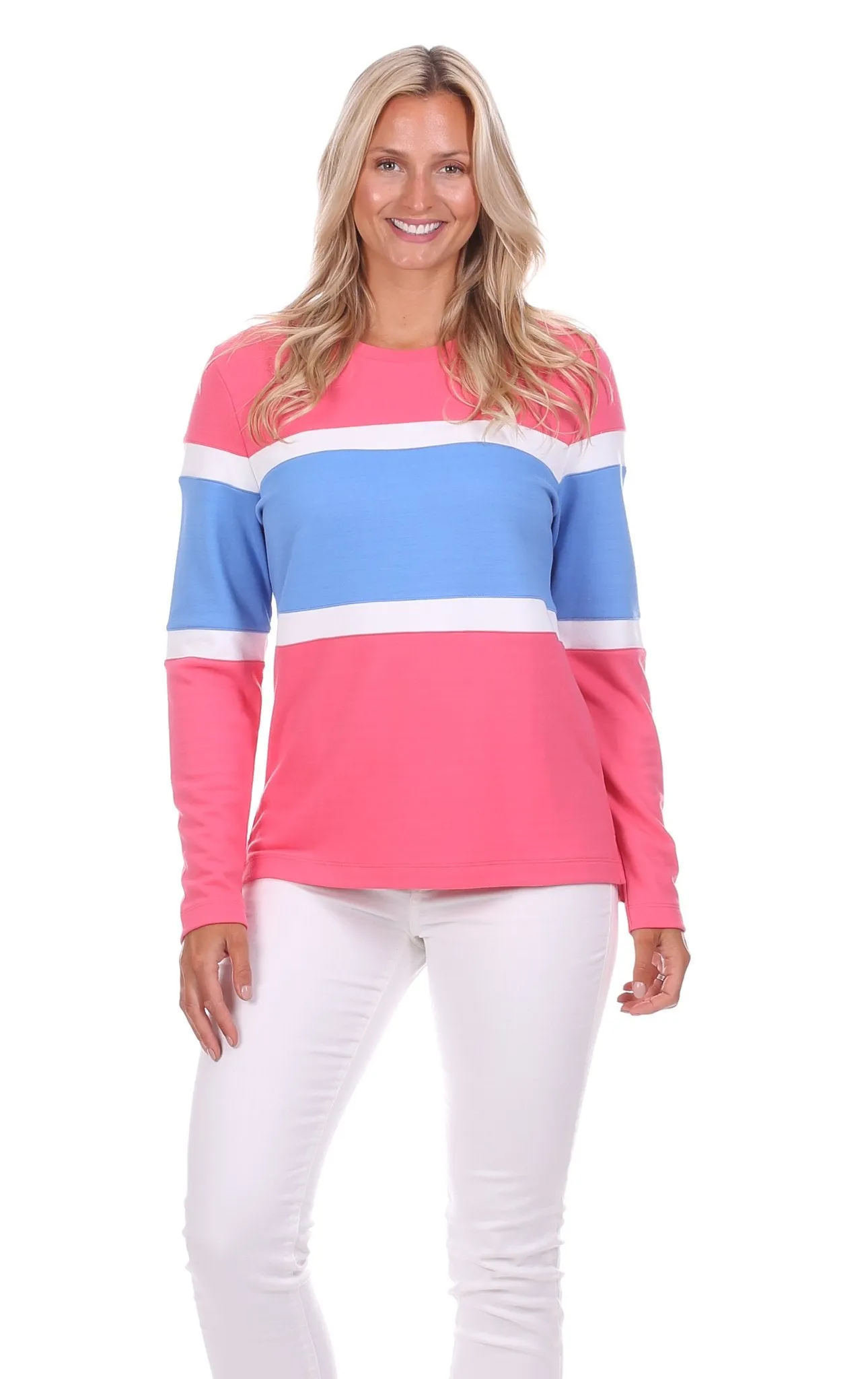 Cynthia Colorblock Pullover in Strawberry, White & Hydrangea sold by Duffield Lane