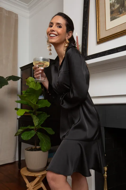 Iris Dress in Black Silky Stretch Satin sold by Duffield Lane