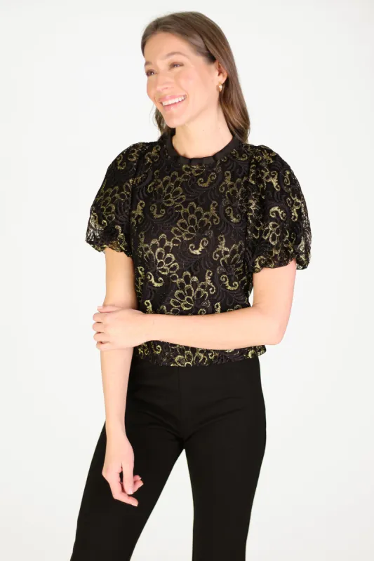 Darla Top in Black & Gold Lace sold by Duffield Lane