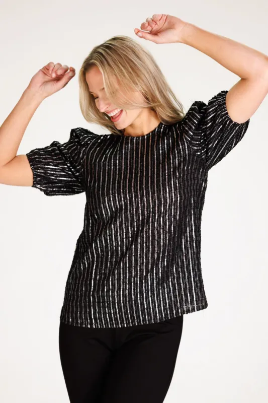 Ulla Top in Black Clipped Metallic Silver Stripe sold by Duffield Lane