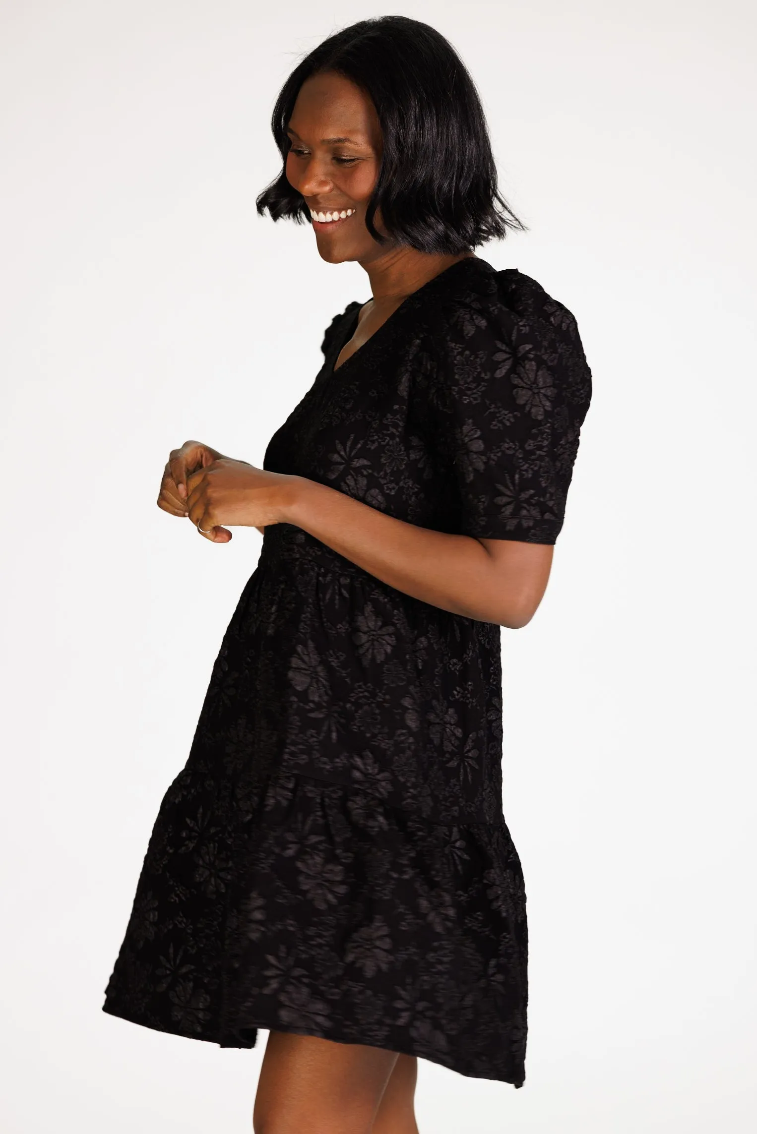 Marci Tiered Dress in Black Floral Stretch Jacquard sold by Duffield Lane product image thumbnail 3