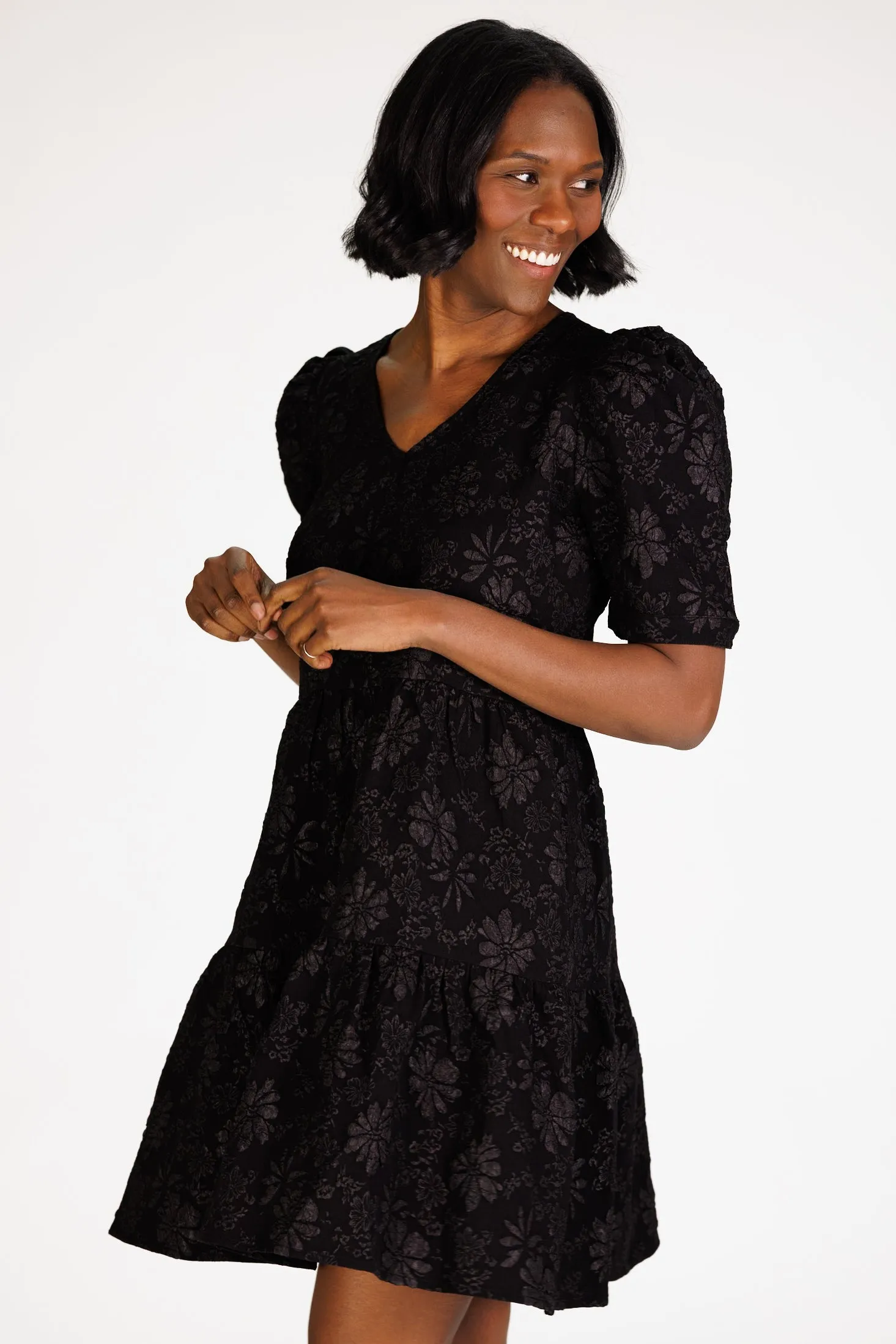 Marci Tiered Dress in Black Floral Stretch Jacquard sold by Duffield Lane