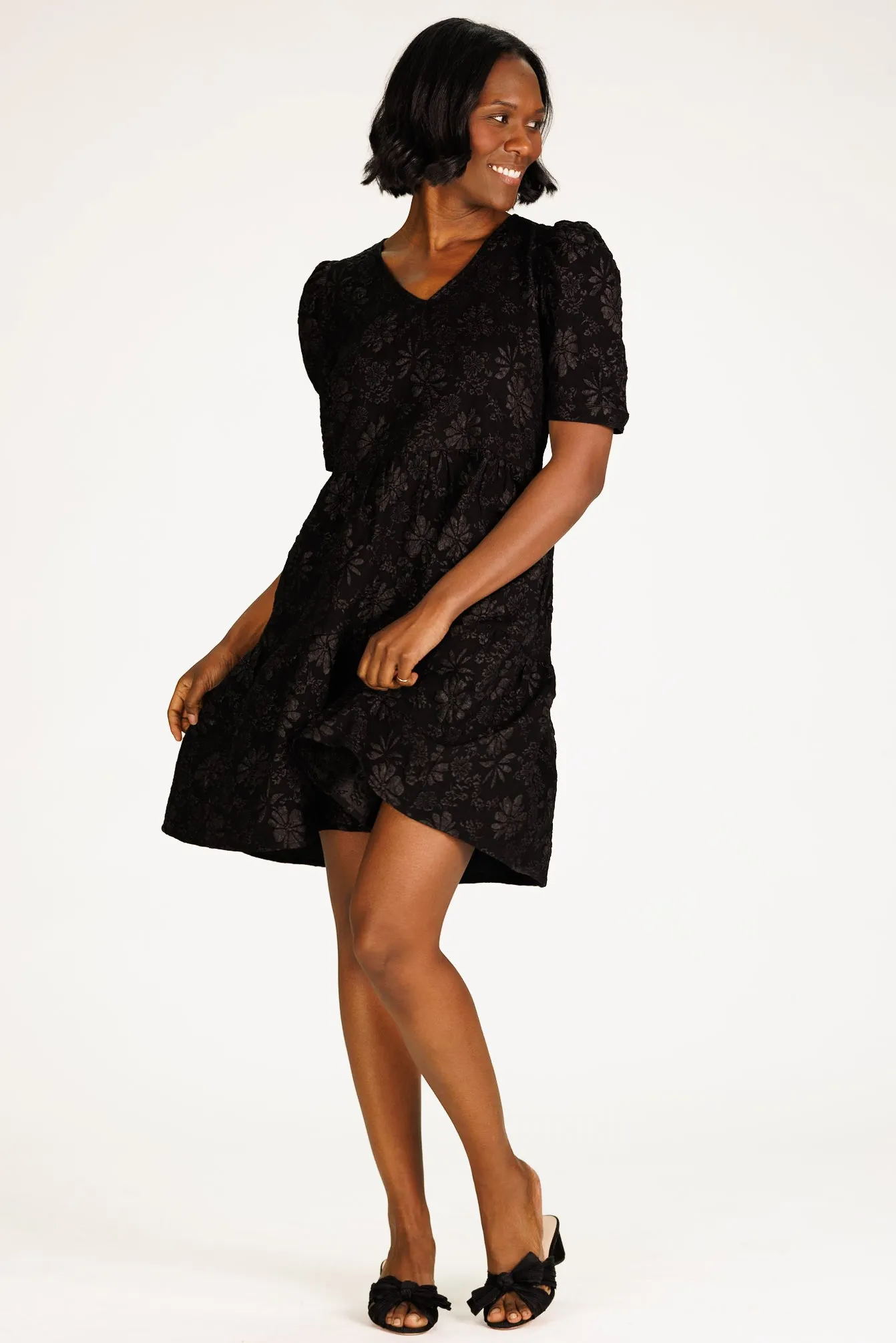Marci Tiered Dress in Black Floral Stretch Jacquard sold by Duffield Lane product image thumbnail 2