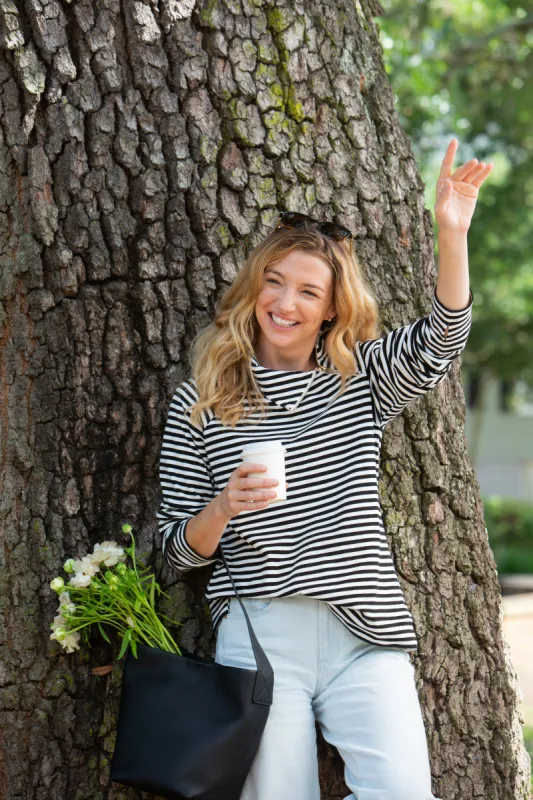 The Bowen Sweatshirt in SuperSoft Black & White Stripe sold by Duffield Lane