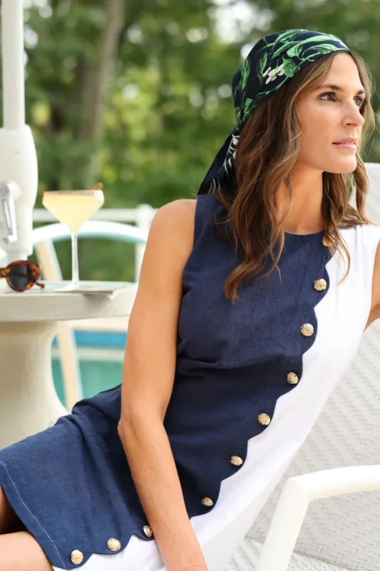 Scalloped Cassidy Dress in Navy and White Textured Floral sold by Duffield Lane