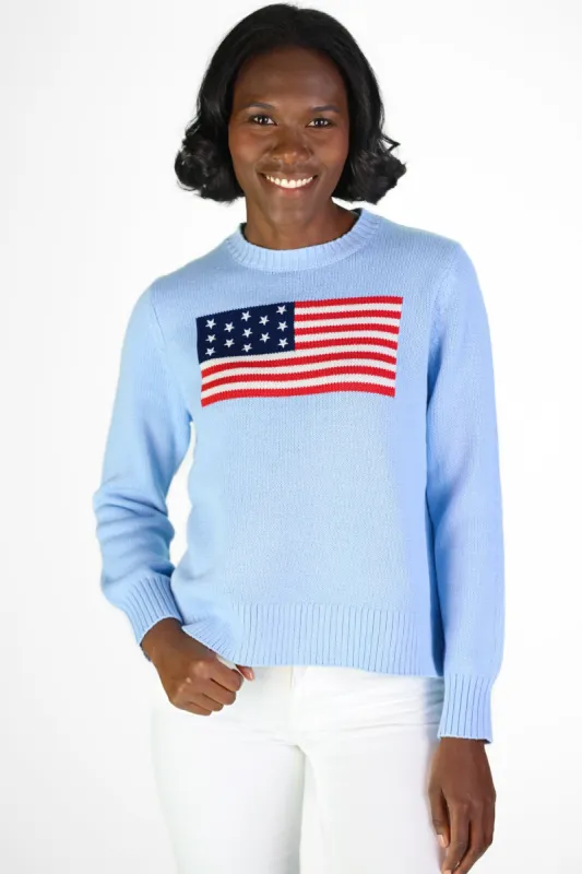 Light Blue Sport Crew Flag Sweater sold by Duffield Lane