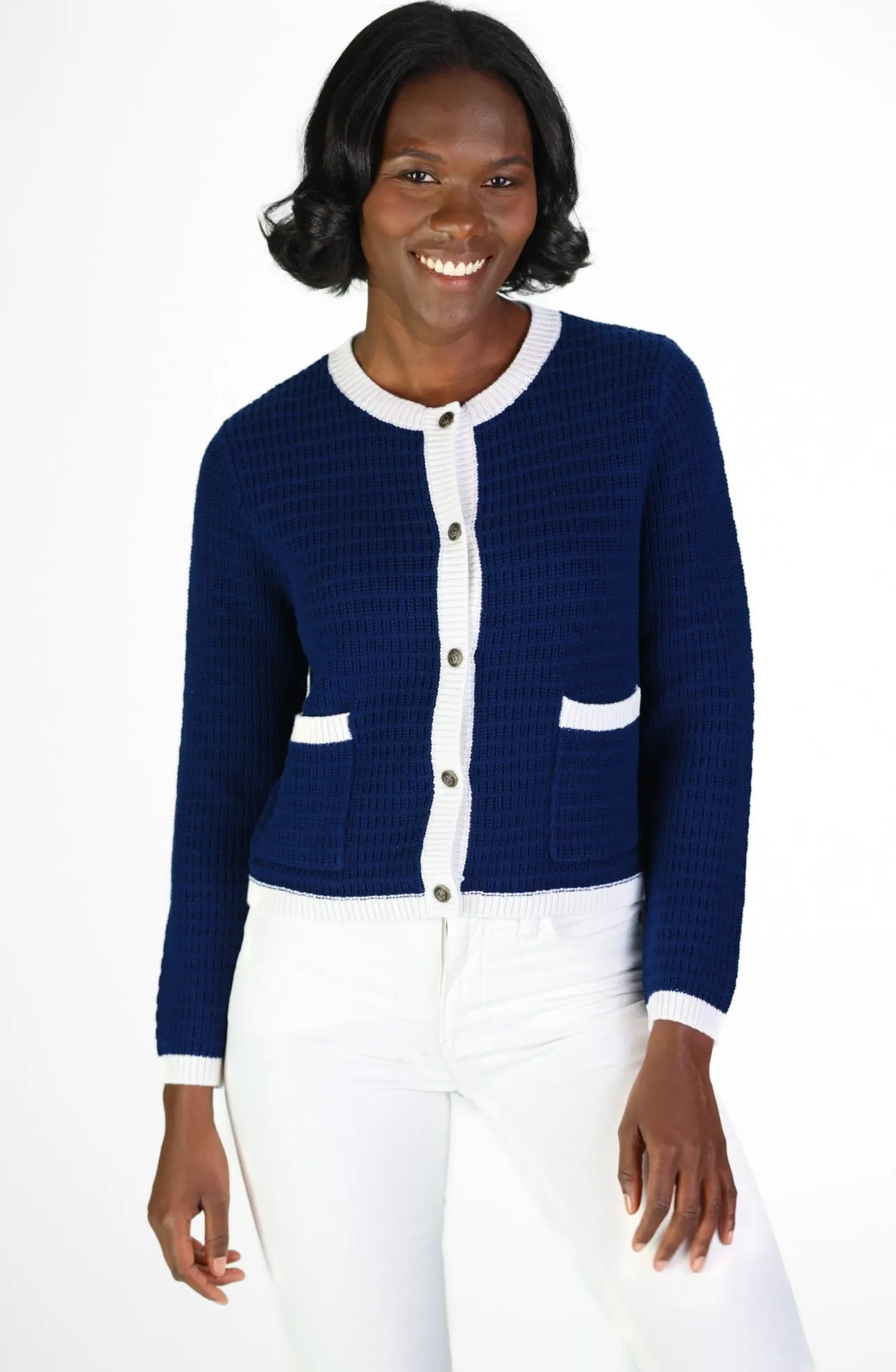 Navy & White Lady Cardigan sold by Duffield Lane