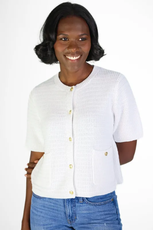 White Short Sleeve Lady Cardigan made by Duffield Lane