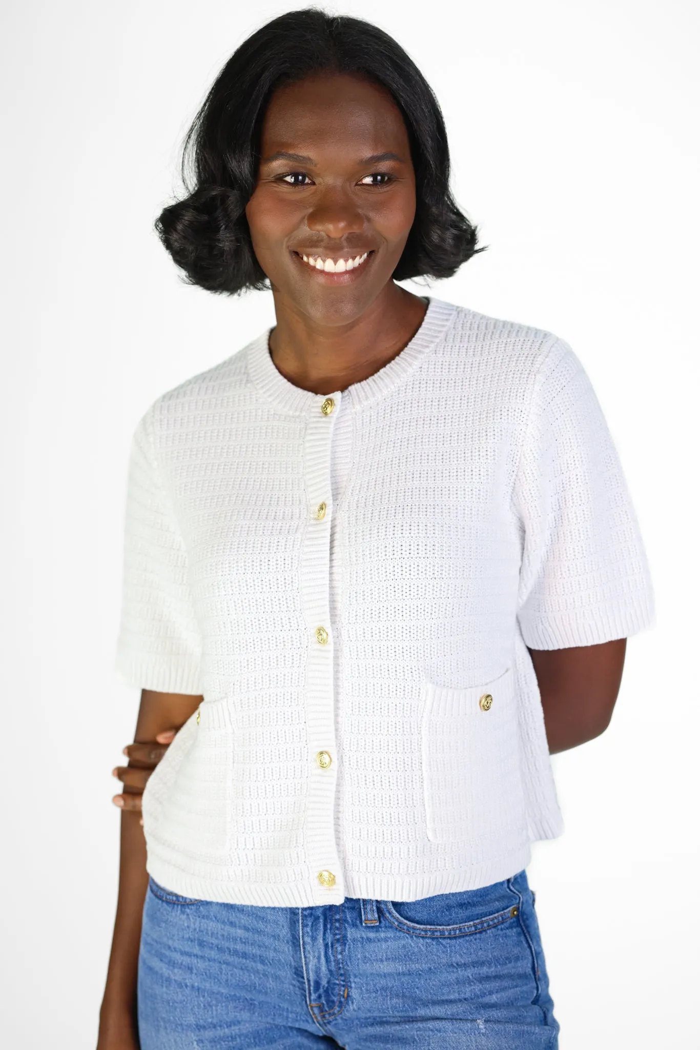 White Short Sleeve Lady Cardigan sold by Duffield Lane
