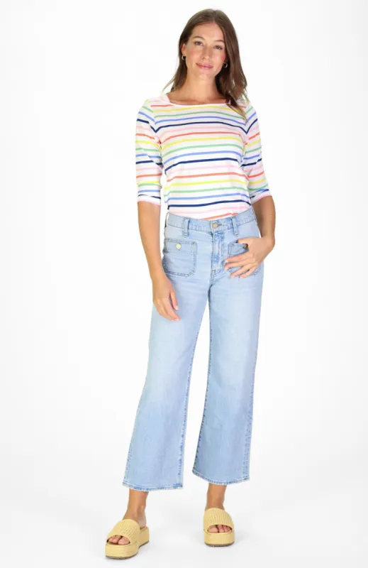 Boat Neck Lake Tee in Rainbow Stripe sold by Duffield Lane