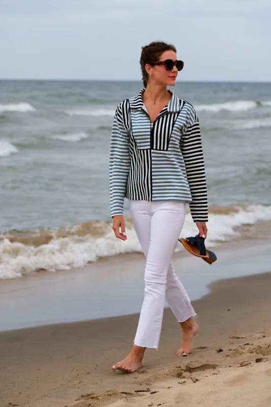 Kathryn Quarter Zip in Navy and Blue Stripe Mix sold by Duffield Lane