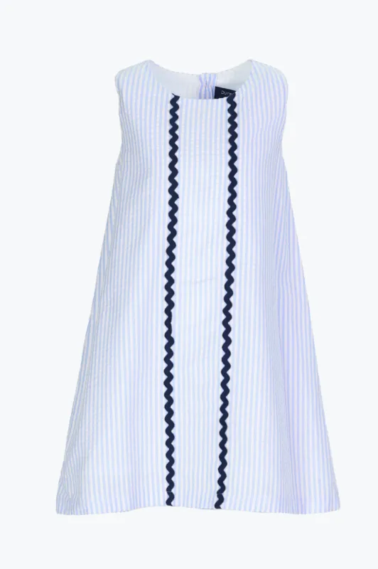 Girls April Dress in Sky Seersucker sold by Duffield Lane