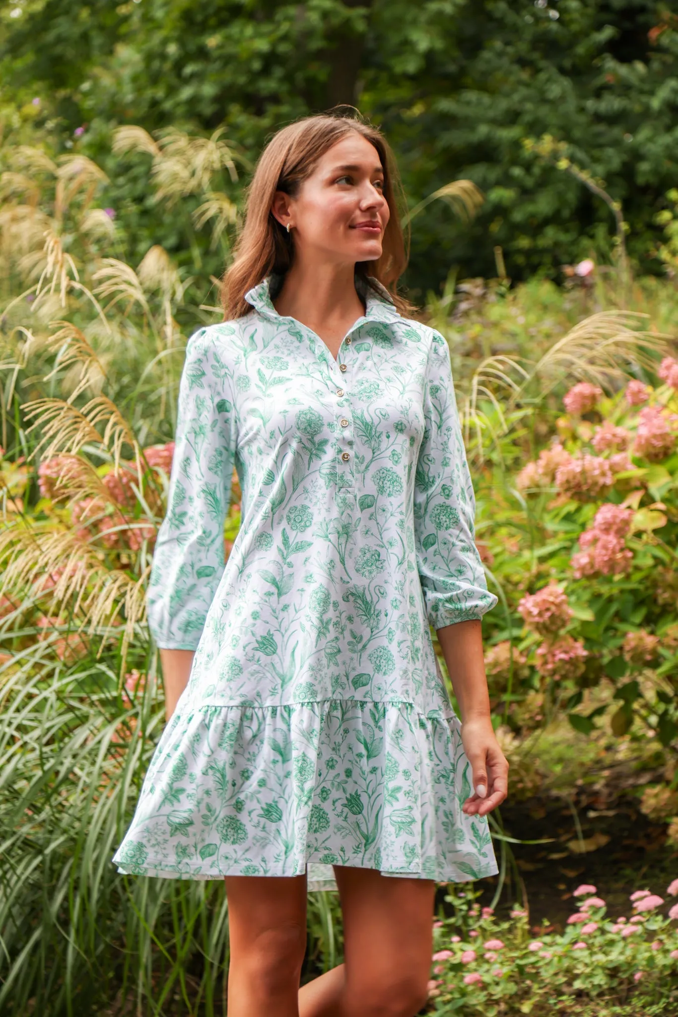 Adara Dress in Green Botanical Toile sold by Duffield Lane