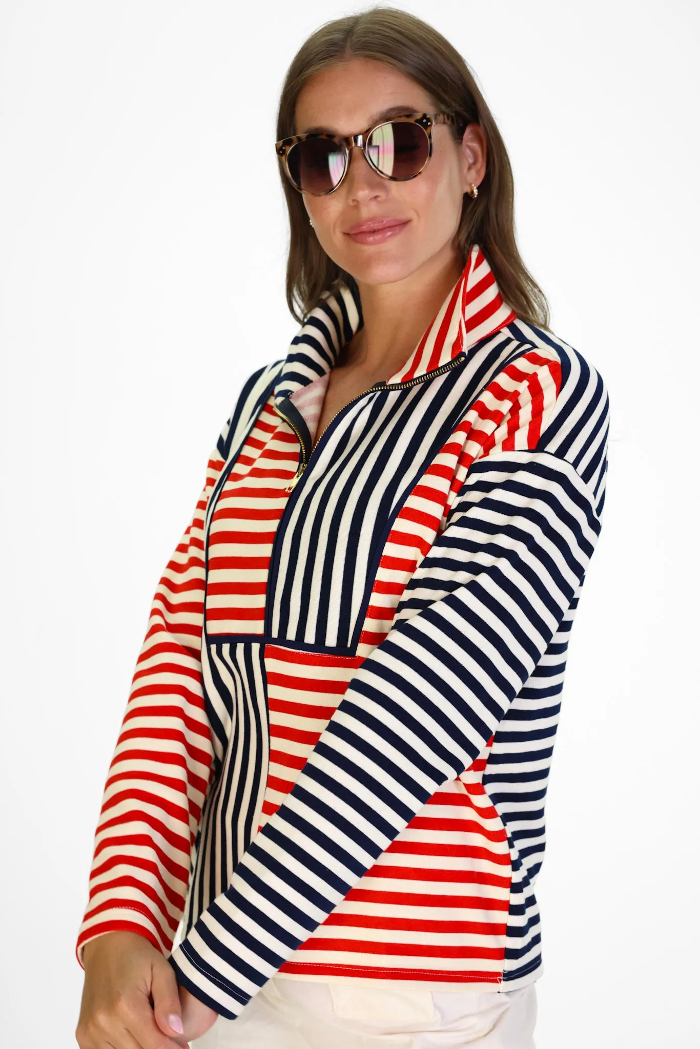 Kathryn Quarter Zip in Red, White & Blue French Terry Stripe sold by Duffield Lane product image thumbnail 4