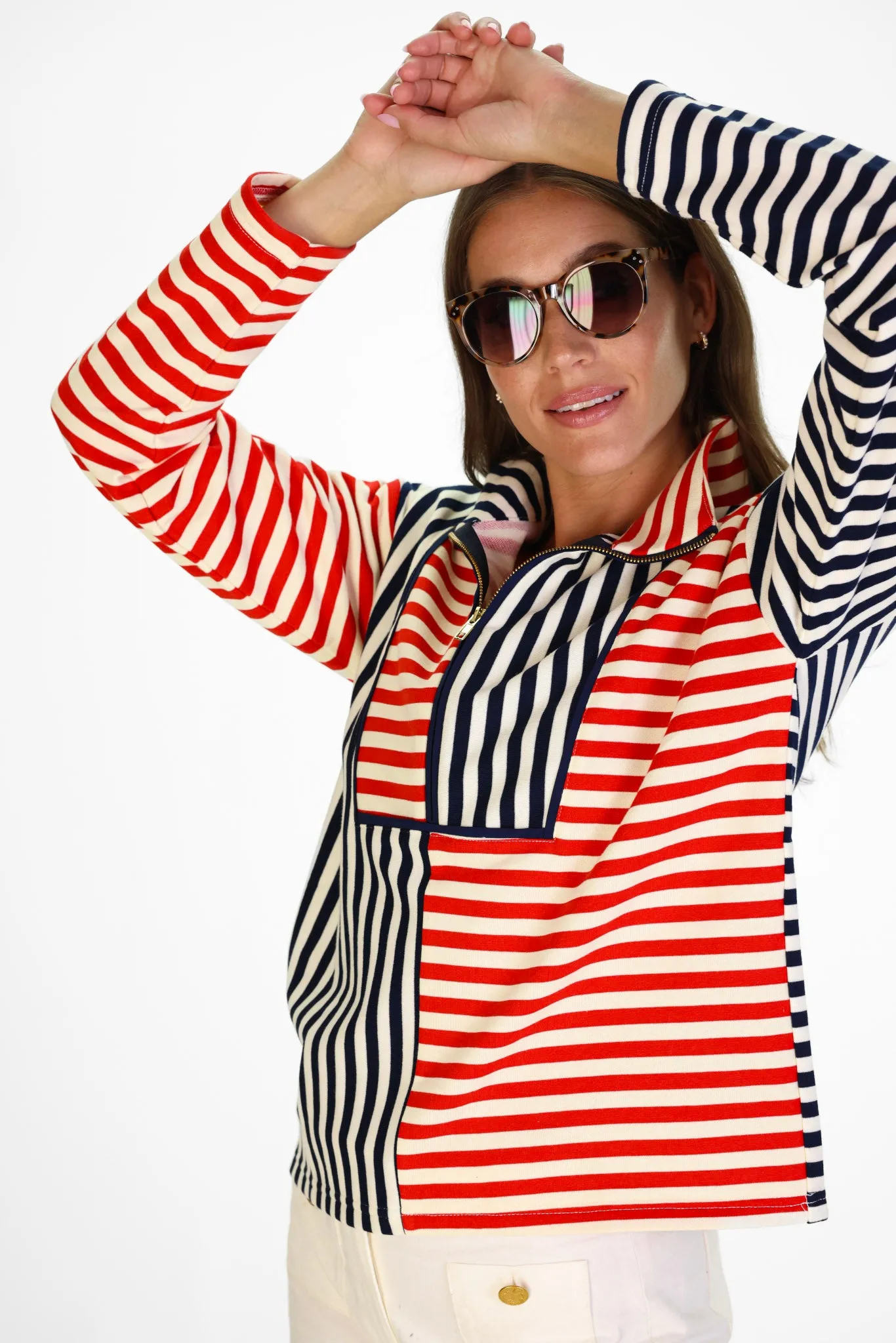 Kathryn Quarter Zip in Red, White & Blue French Terry Stripe sold by Duffield Lane product image thumbnail 3