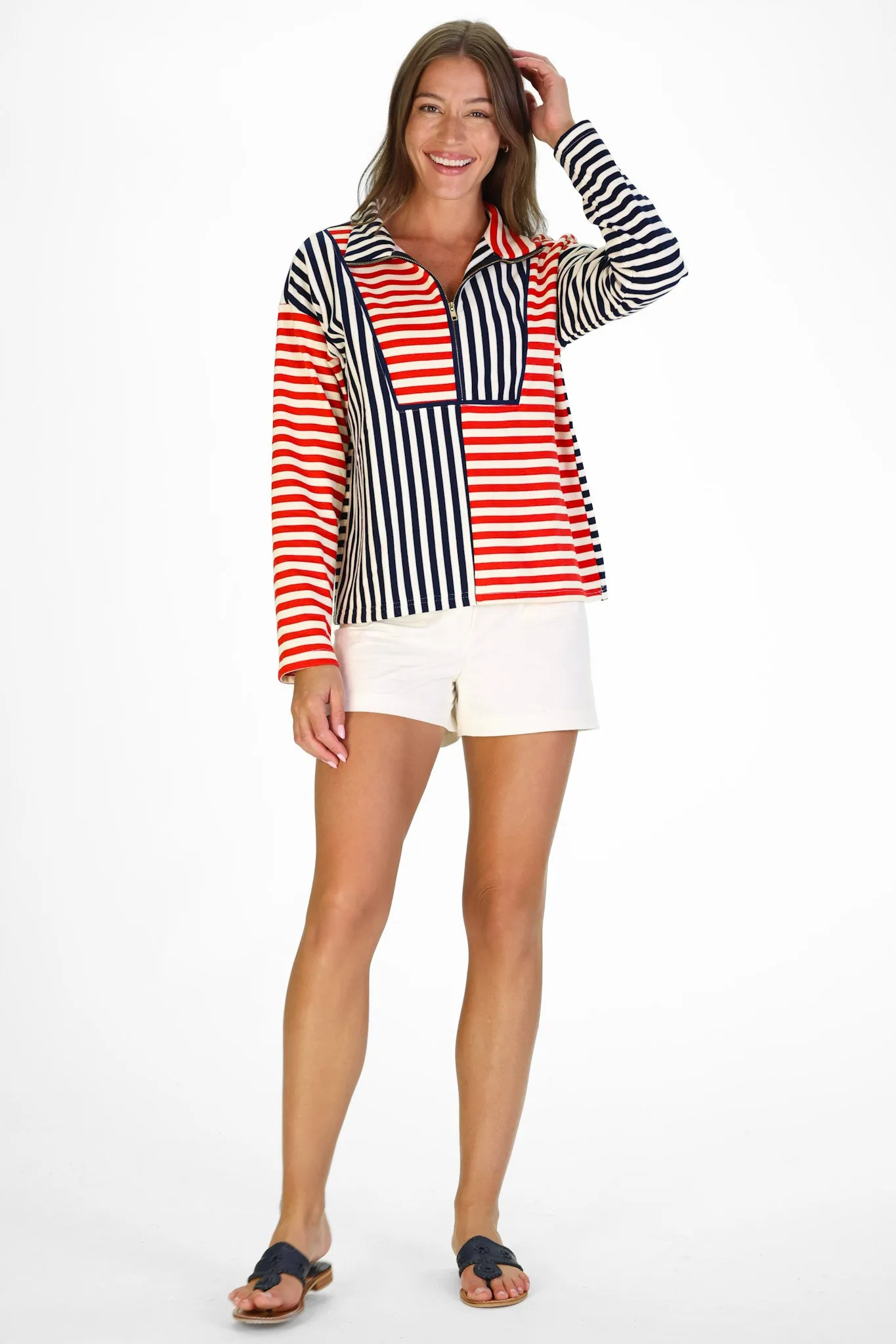 Kathryn Quarter Zip in Red, White & Blue French Terry Stripe sold by Duffield Lane product image thumbnail 2