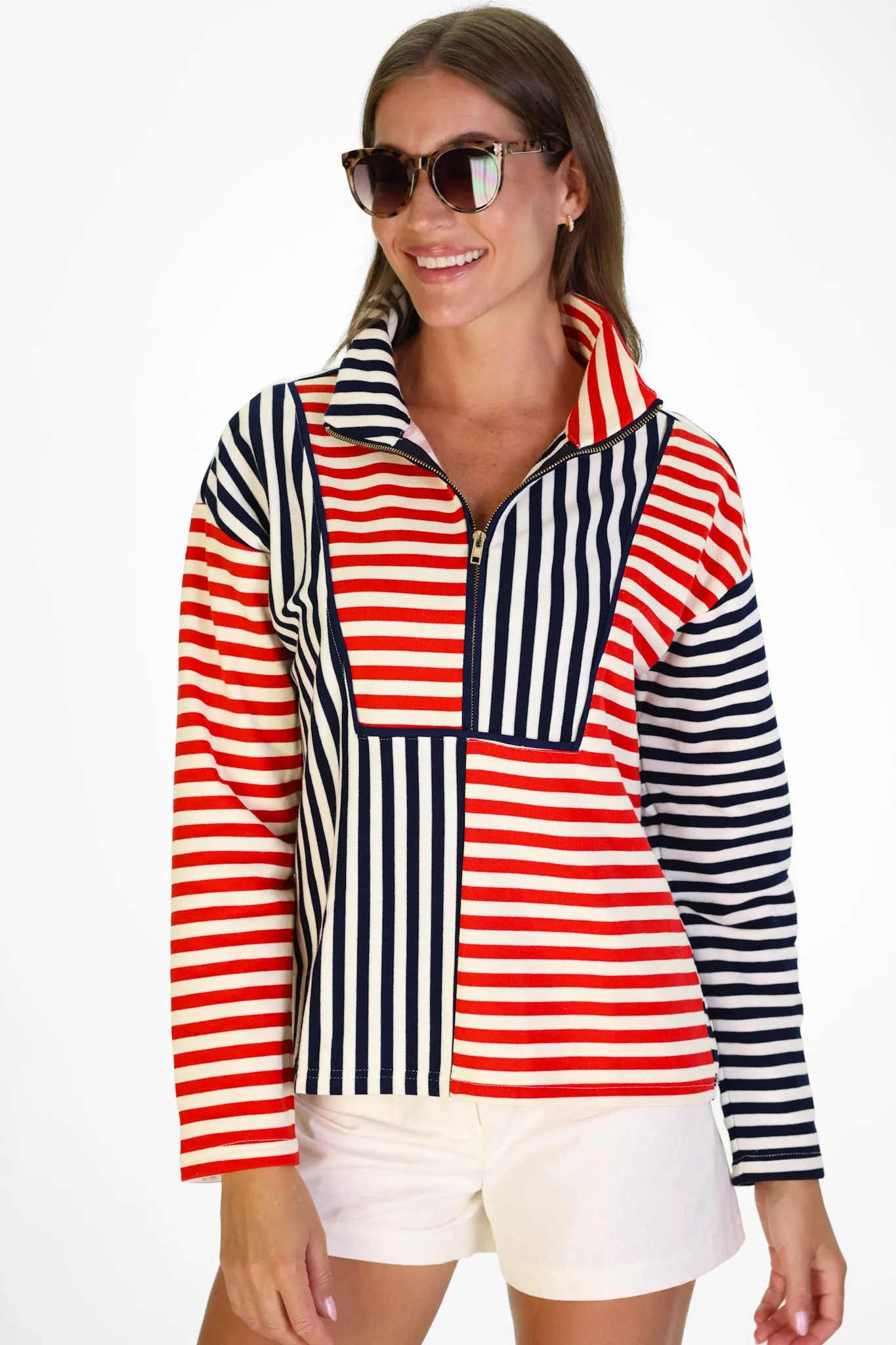 Kathryn Quarter Zip in Red, White & Blue French Terry Stripe sold by Duffield Lane